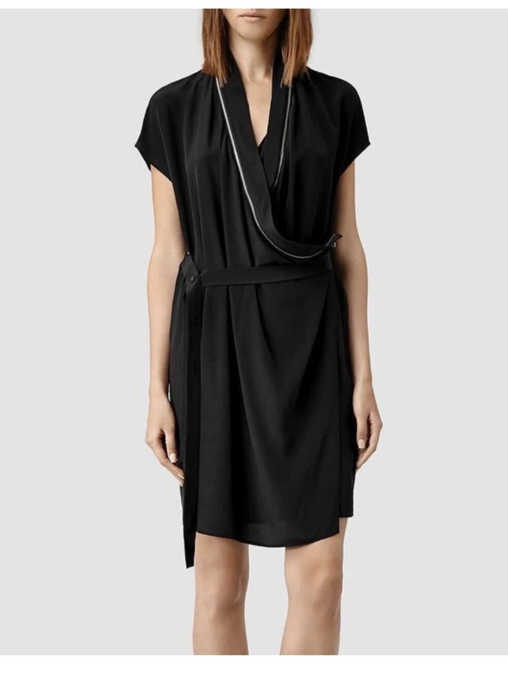 All Saints Adria Wrap Dress Women's 2 Asymmetrical Silk Wrap Black